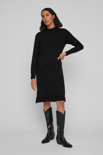 Vila viril crew neck l/s midi dress - no Zwart