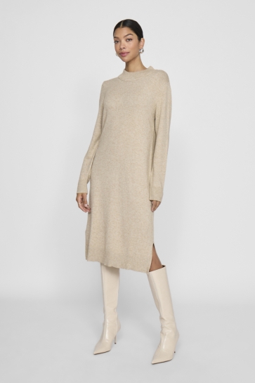 Vila Jurk VIRIL CREW NECK L/S MIDI DRESS - NO 14061427 NATURAL MELANGE