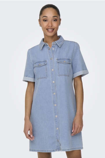 Jacqueline de Yong Jurk JDYESMEE SS BUTTON DRESS LBD DNM 15348685 LIGHT BLUE DENIM