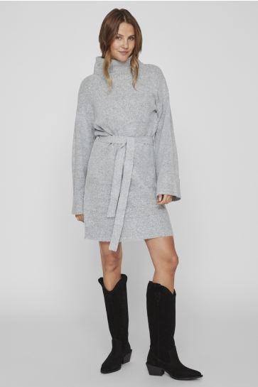Vila Jurk VIROLFIE L/S TIE BELT KNIT DRESS - 14061999 LIGHT GREY MELANGE