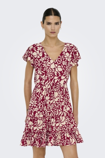 Only Jurk ONLCLAUDETTE LIFE SS MINI DRESS WVN 15320419 MERLOT