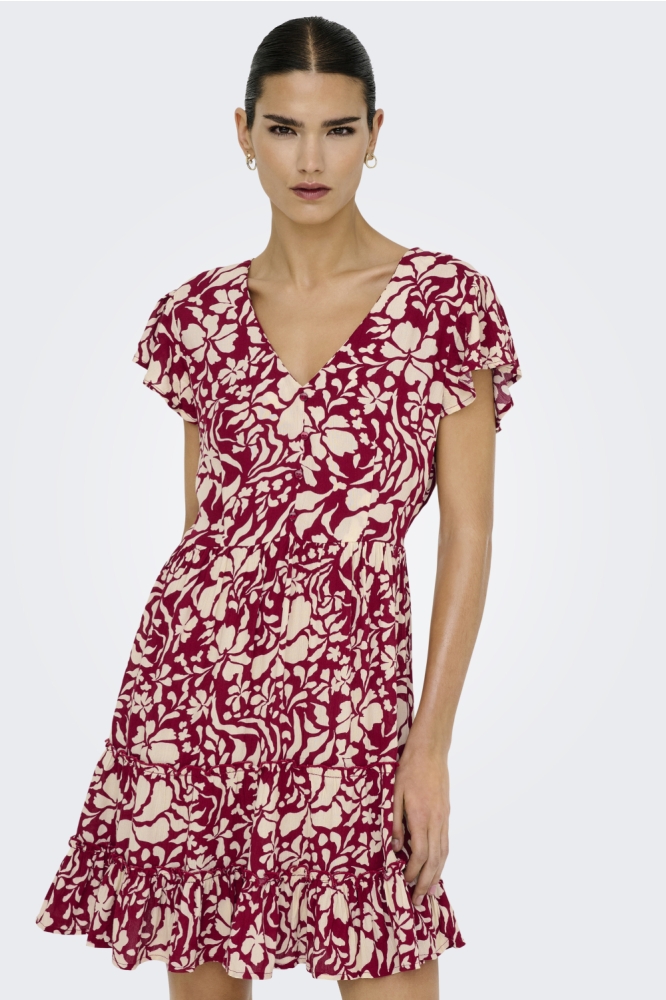 Only bordeaux dames jurk | Model vooraanzicht