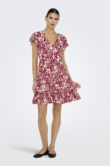 Only bordeaux dames jurk | Model vooraanzicht