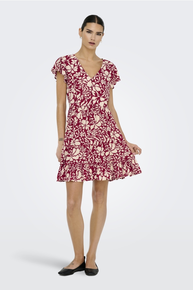 Only bordeaux dames jurk | Model vooraanzicht