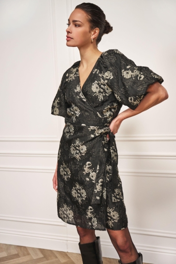 EsQualo Jurk DRESS JACQUARD PUFF SLEEVE W25 09700 000 black