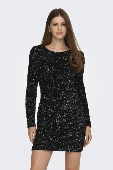 Only Jurk ONLCONFIDENCE L/S DEEP SEQUINS DRES 15360167 BLACK/BLACK SEQU