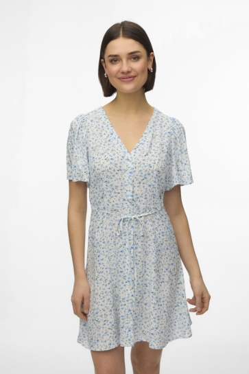Vero Moda Jurk VMALBA SS SHORT DRESS WVN NOOS 10292845 SNOW WHITE/BLUE BROOKE