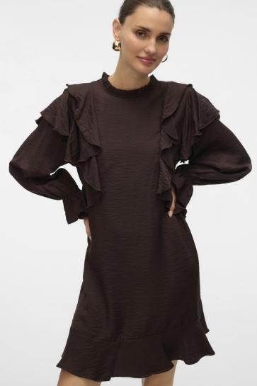Vero Moda VMLIZZI LS SHORT FLOUNCE DRESS WVN 10335460 CHOCOLATE TORTE