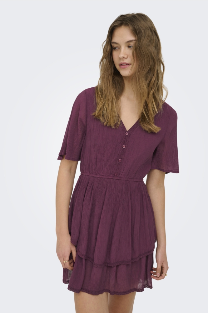 Only bordeaux dames jurk | Model vooraanzicht