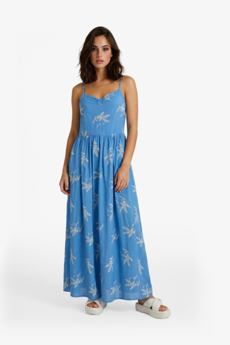 Fluresk blauwe dames jurk | Model vooraanzicht