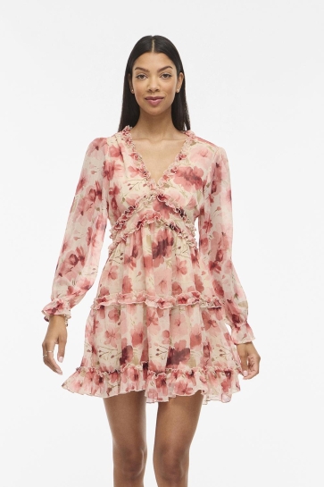 Vila Jurk VIEMSA L/S SHORT DRESS/DC/KA 14105163 BIRCH/RED ROSE FLOWER