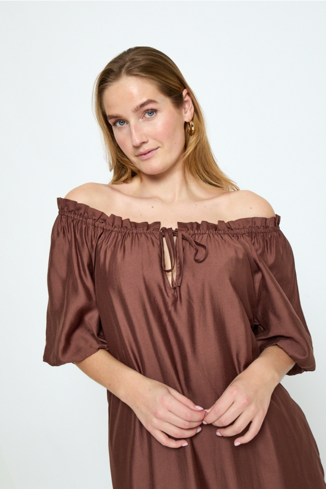 Peppercorn bruine dames jurk | Close up