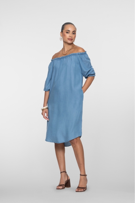 Geisha blauwe dames jurk | Model vooraanzicht