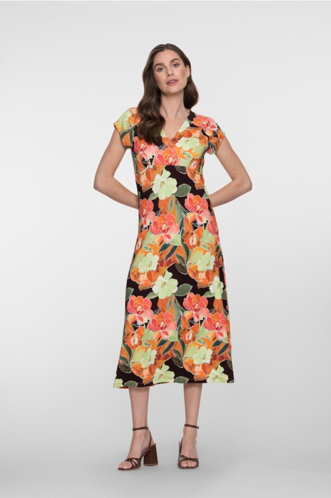 Geisha oranje dames jurk | Model achteraanzicht