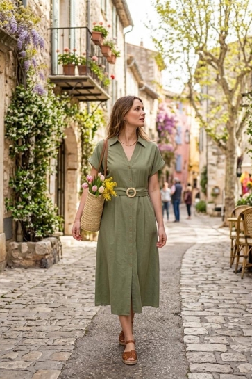 Only Jurk ONLJAKIRI LINEN SS MIDI DRESS NOOS 15357784 Deep Lichen Green