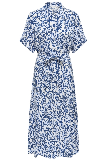 Only Jurk ONLSAFA S/S LONG BELT DRESS WVN EX 15381118 Cloud Dancer/BLUE