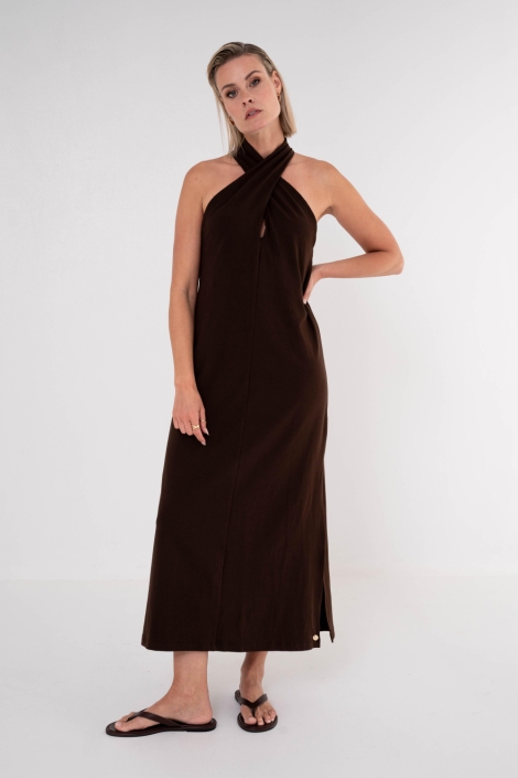 Maicazz bruine dames jurk | Model vooraanzicht