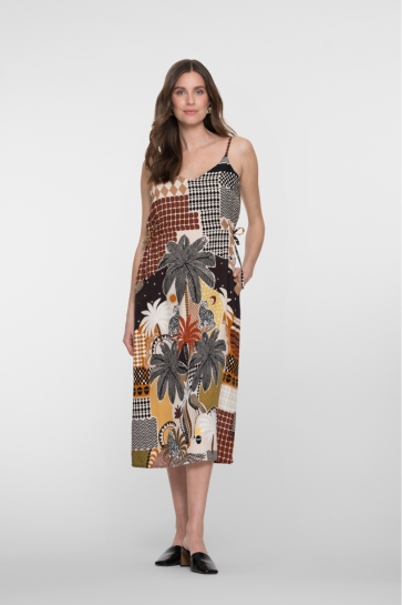 Geisha Jurk MIDI JURK MET GRAFISCHE PRINT EN SPAGETTIEBANDJES 67407 20 BROWN/SAND/BLACK
