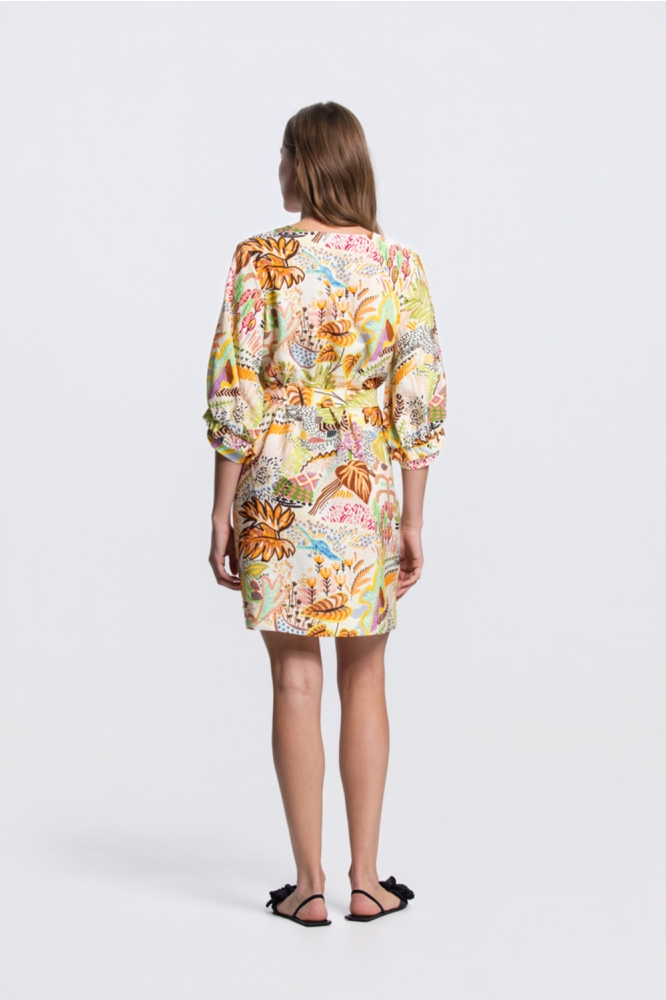 Juffrouw Jansen multi color dames jurk | Model achteraanzicht