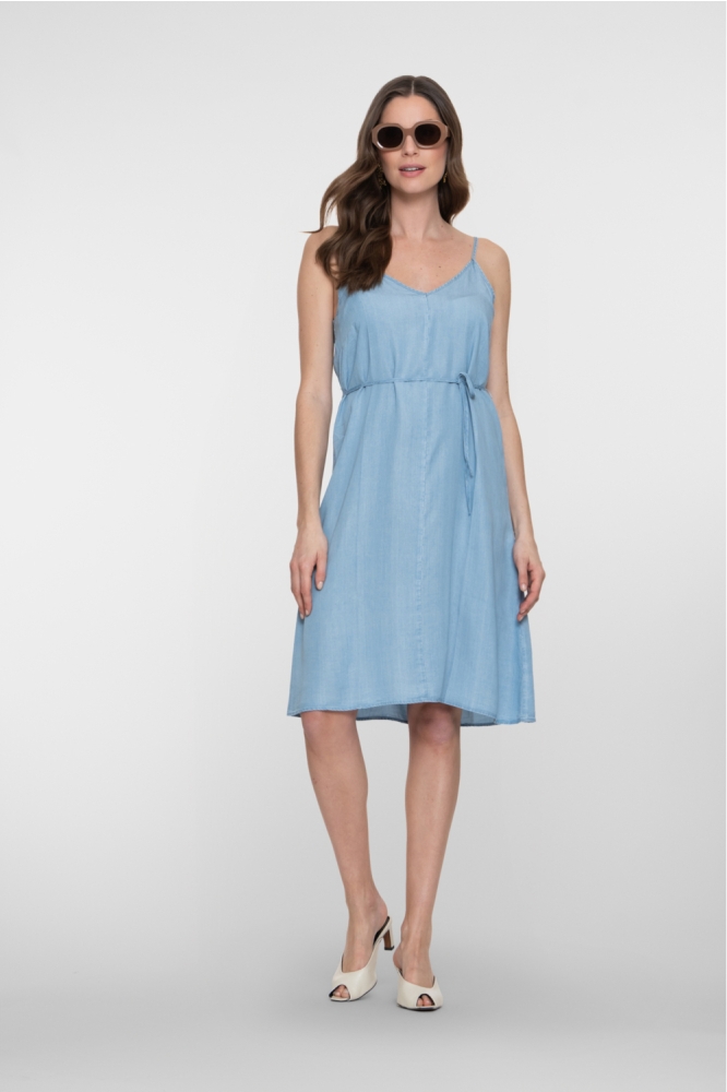 Geisha blauwe dames jurk | Model vooraanzicht