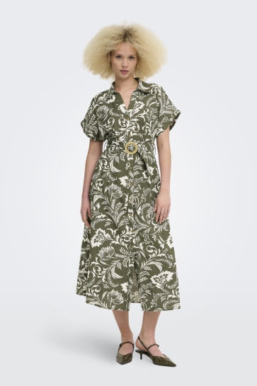 Only Jurk ONLJAKIRI LINEN SS MIDI DRESS NOOS 15357784 Kalamata/WHITE LEAFS