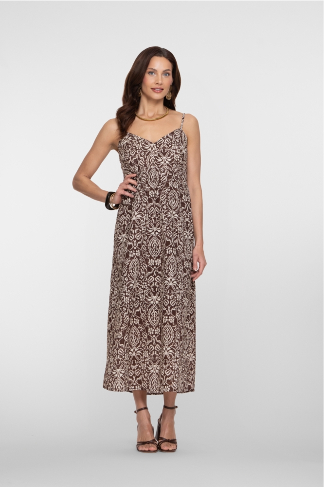 Geisha bruine dames jurk | Model vooraanzicht
