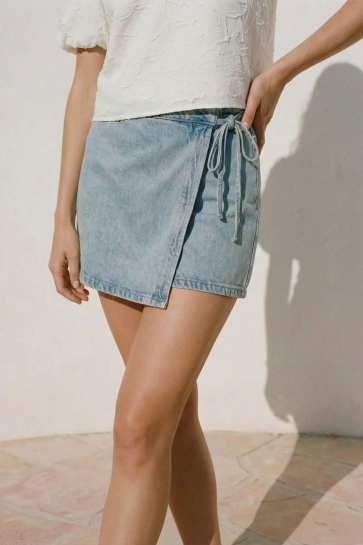 Vero Moda Rok VMLIZA MR SHORT DENIM WRAP SKIRT GA 10332535 LIGHT BLUE DENIM