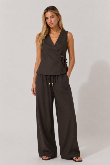 Only Broek ONLISOLA MW PULL-UP WIDE PANT PNT 15374094 COFFEE BEAN