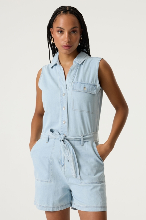 Garcia blauwe dames jumpsuit | Model vooraanzicht