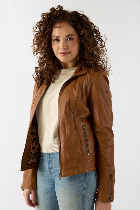 Donders cognac dames leren jas | Model vooraanzicht