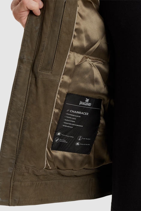 Vanguard bruine heren leren jas | Close up