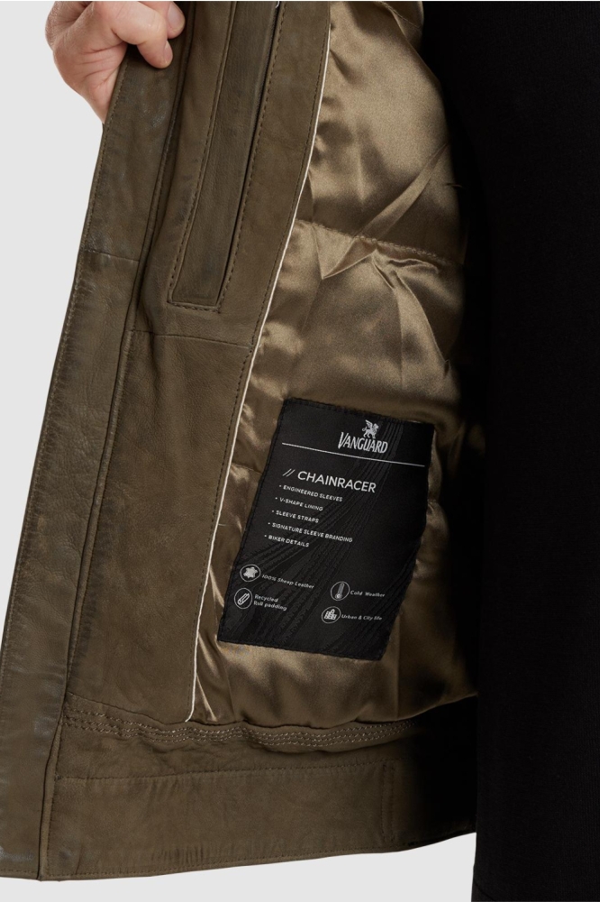 Vanguard bruine heren leren jas | Close up