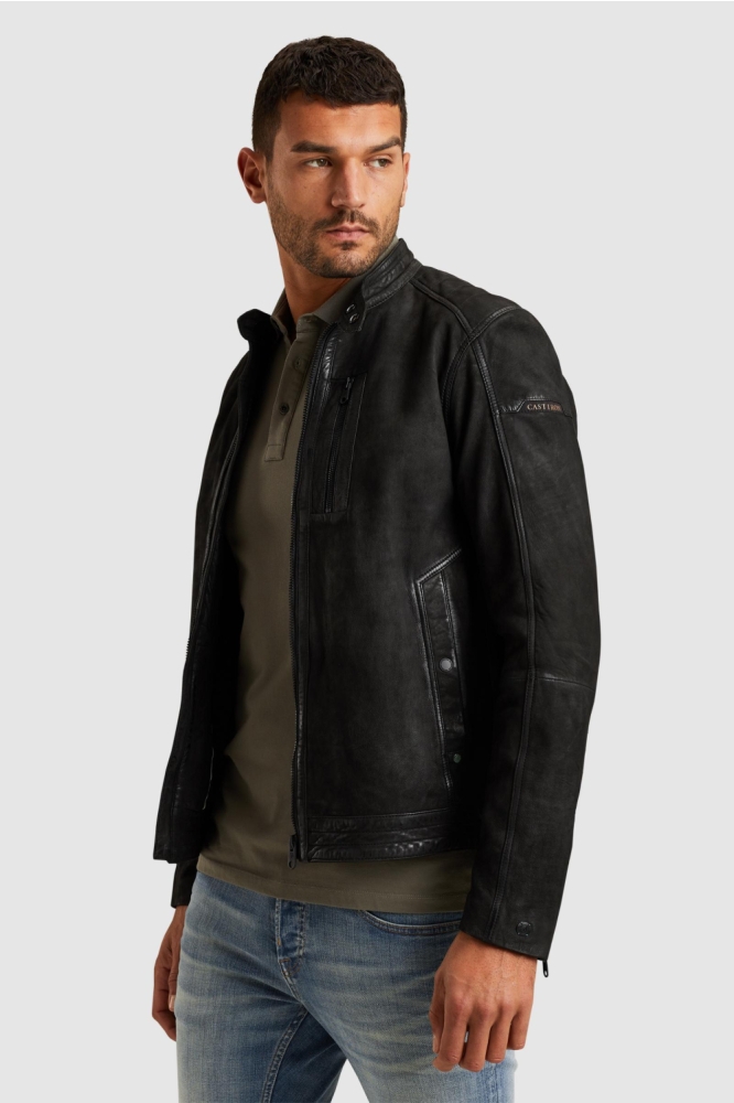 Cast Iron zwarte heren leren jas | Model zijaanzicht