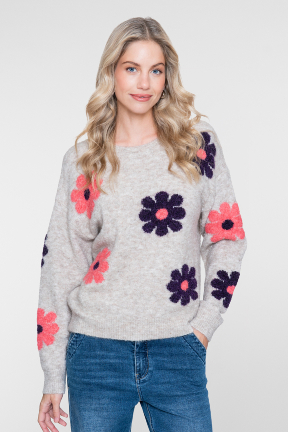 Geisha zand dames trui | Ronde hals | Regular fit | Bloemen patroon | Lange mouw
