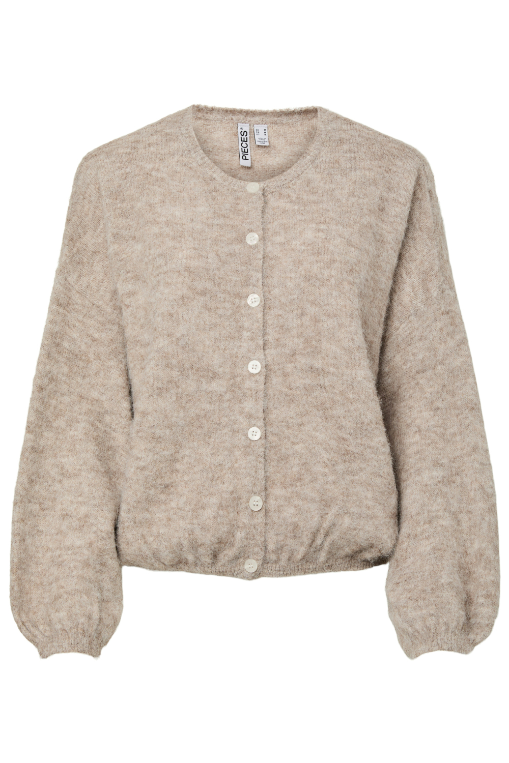 Pieces beige dames vest | Ronde hals | Regular fit | Geen zakken | Gemeleerd patroon | Knoopsluiting | Duurzaam | Lange mouw