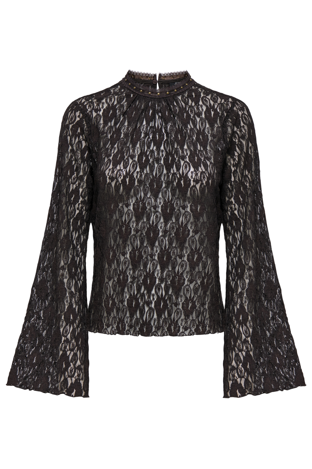 Jacqueline de Yong bruine dames top | High neck halslijn | Regular fit | Geen zakken | Kant patroon | Knoopsluiting | Lange mouw