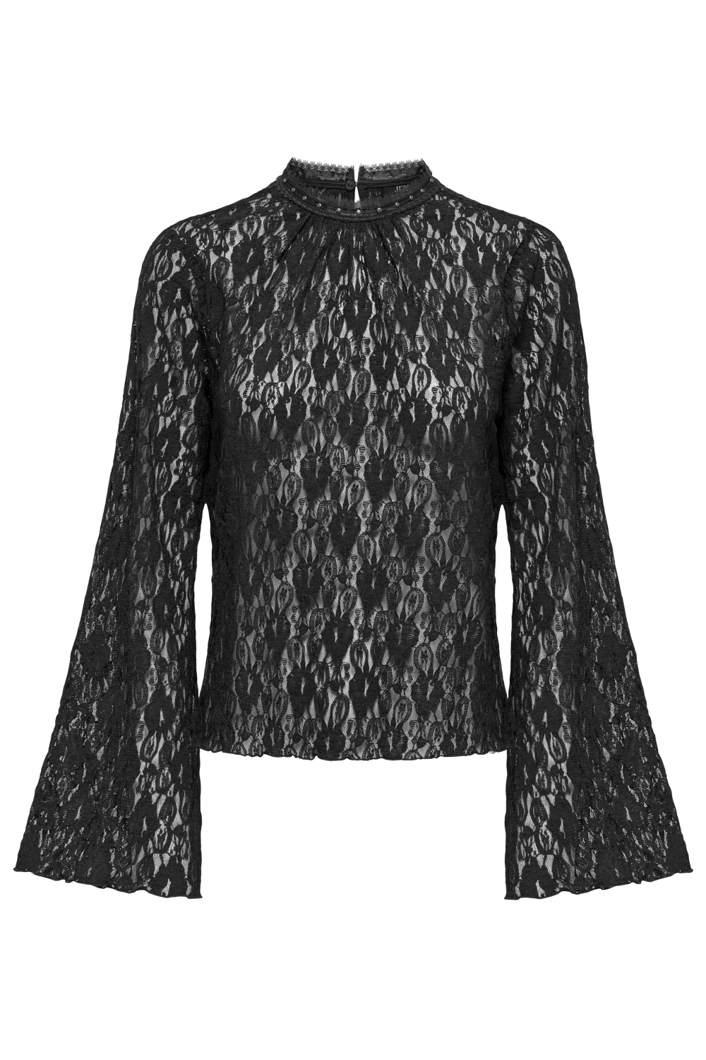 Jacqueline de Yong zwarte dames top | High neck halslijn | Regular fit | Geen zakken | Kant patroon | Knoopsluiting | Lange mouw
