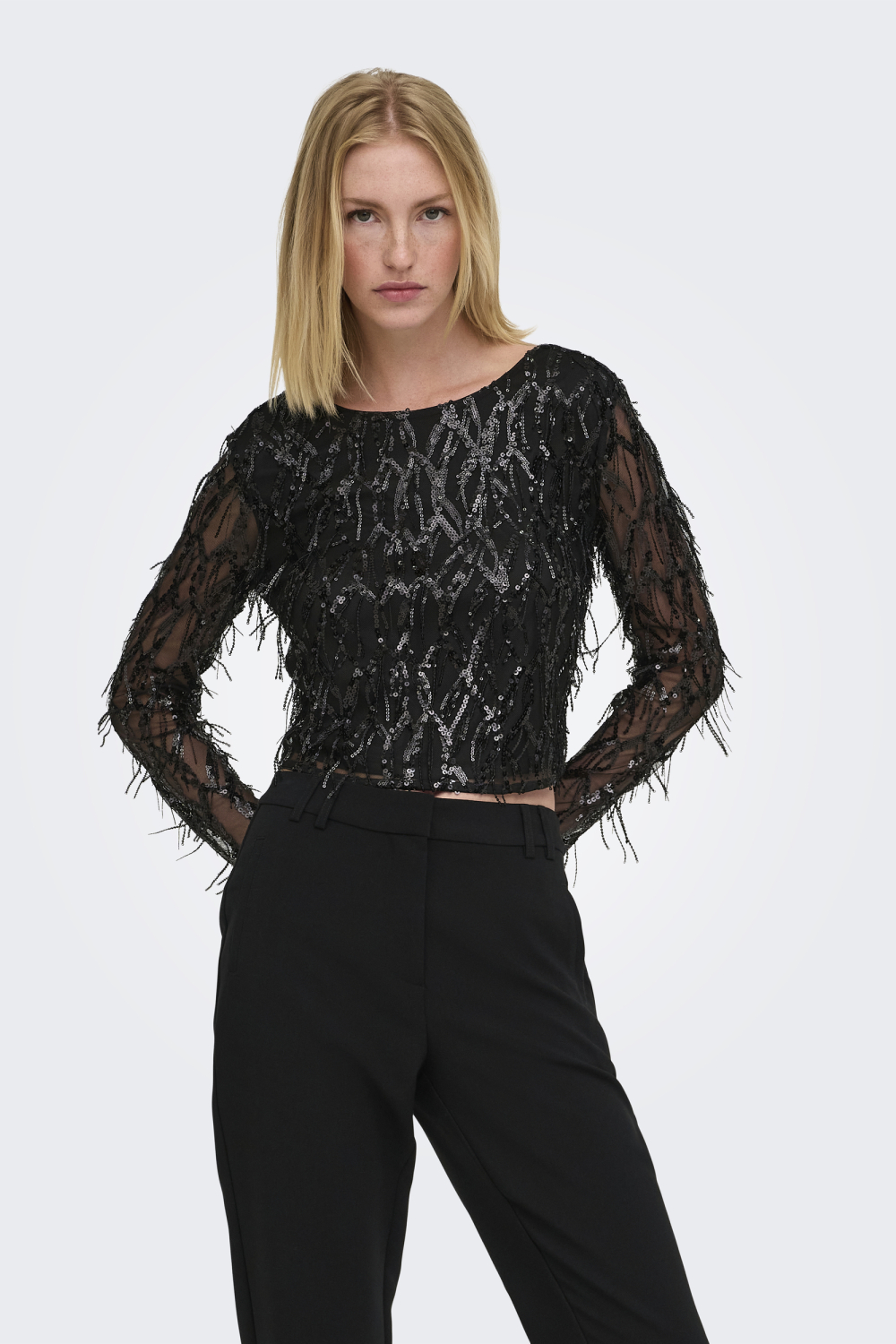 Only zwarte dames t-shirt | Ronde hals | Regular fit | Pailletten patroon | Duurzaam | Lange mouw