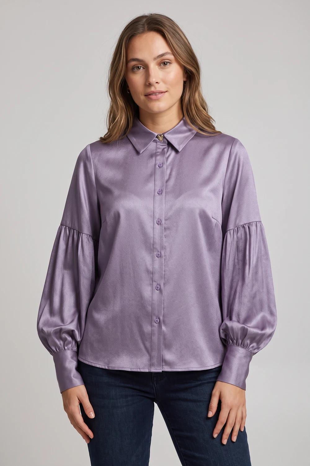 Fluresk paarse dames blouse | Punt kraag | Regular fit | Glans | Knoopsluiting | Lange mouw