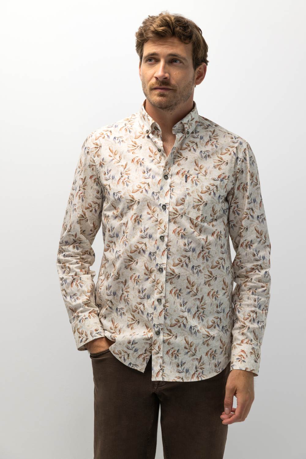 State of Art ecru heren overhemd | Button-down kraag | Regular fit | Borstzakken | Grafisch patroon | Knoopsluiting | Lange mouw