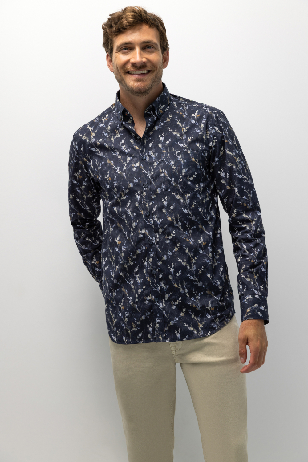 State of Art blauwe heren overhemd | Button-down kraag | Regular fit | Borstzakken | Bloemen patroon | Knoopsluiting | Lange mouw