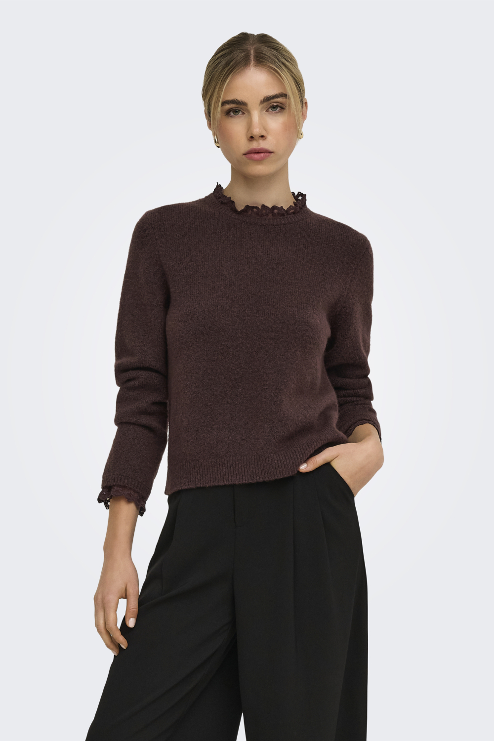 Only bruine dames trui | Ronde hals | Regular fit | Kant patroon | Lange mouw