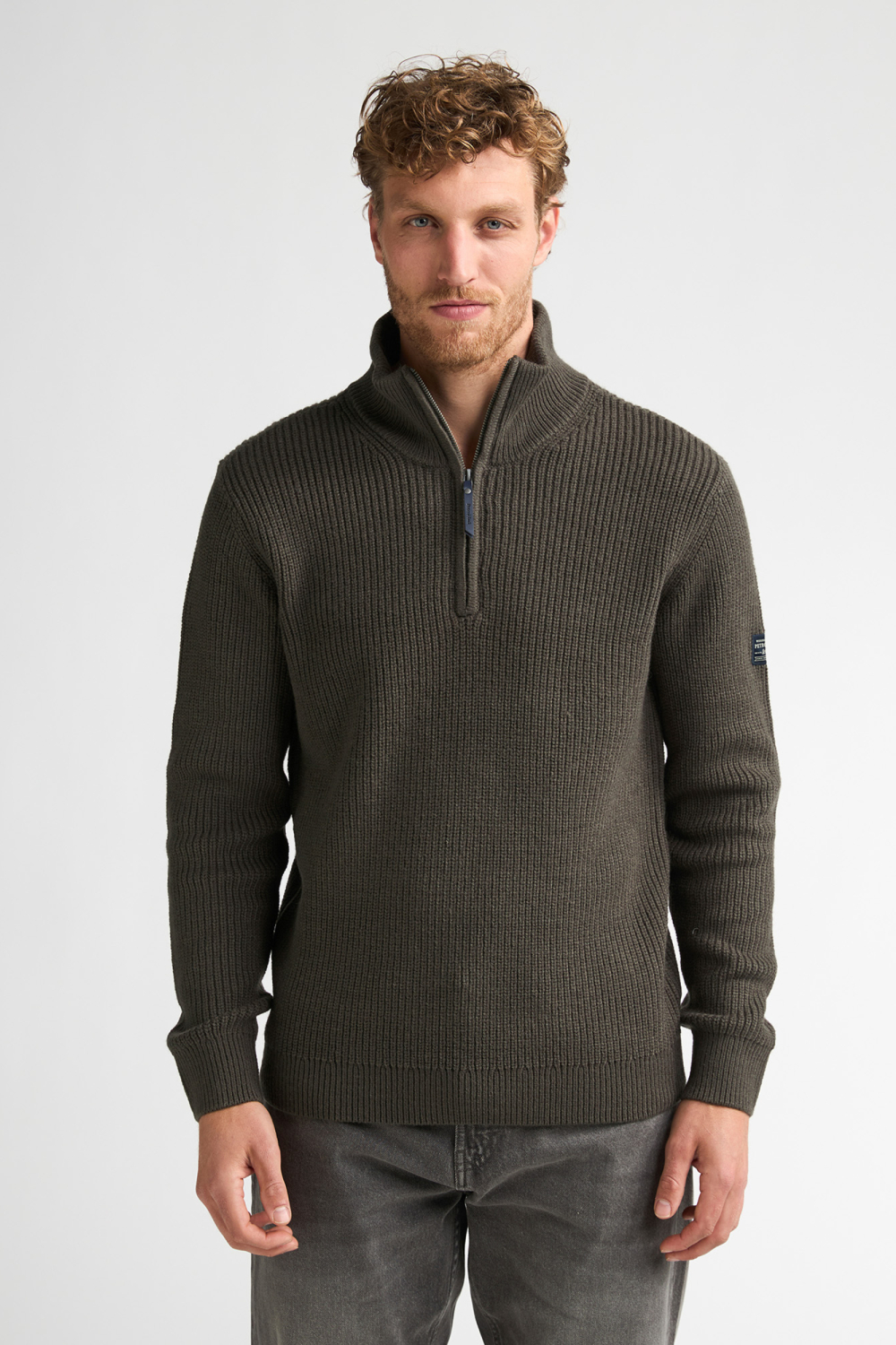 Petrol Industries groene heren trui | High neck halslijn | Regular fit | Rib patroon | Ritssluiting | Lange mouw